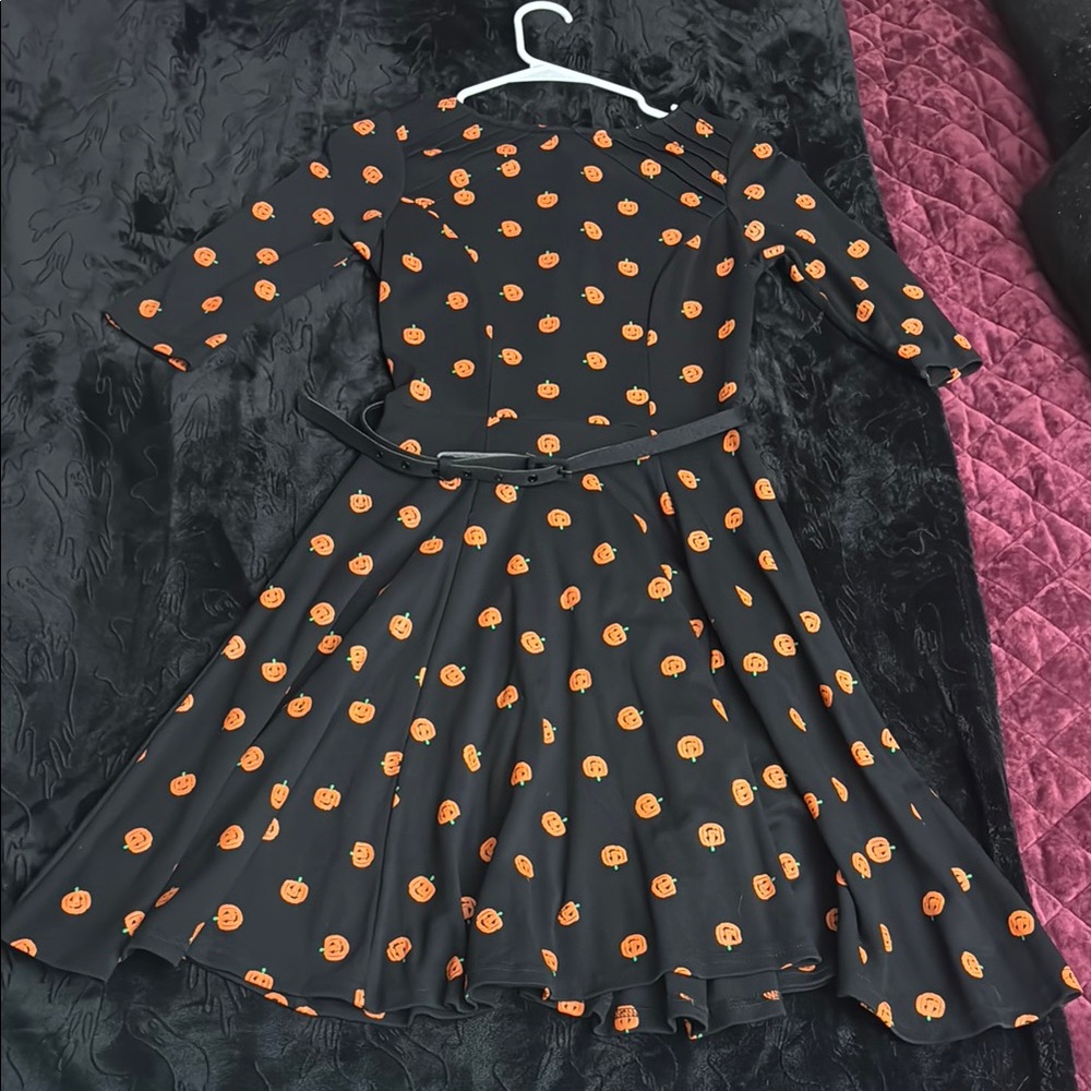 Unique Vintage Black Dress with Pumpkin Accents